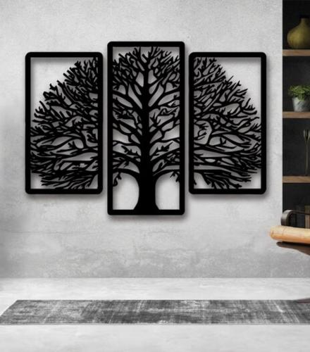 The Grand Tree Metal Wall Hanging Decor Art - Matte Black Finish (Set of 3 Panels)