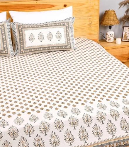 Hand Block Printed Double Bedsheet With 2 Pillow Covers - 1 Set - Price In USD