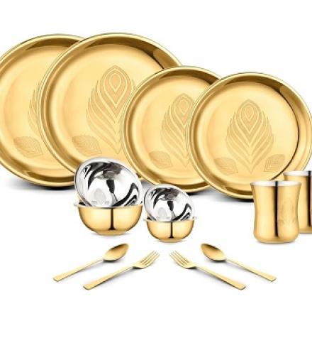 Golden Coloured Stainless Steel Dinner Set Of 14 Pcs - 1 Set - Price In USD