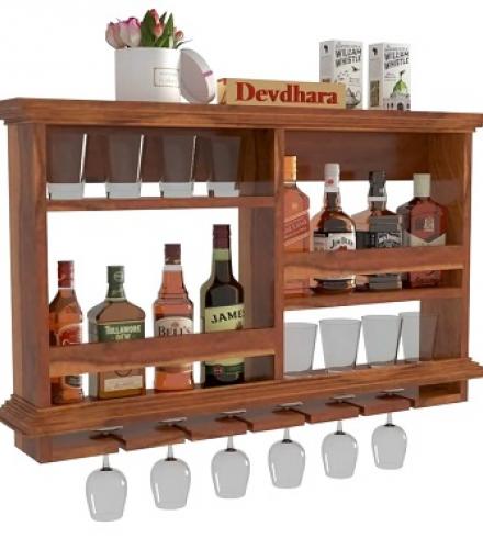 Wooden Wall Mounted Wine Rack With Glass Storage - 1 Pc