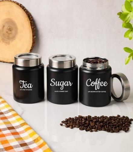 Printed Stainless Steel Black Round Storage For Tea Sugar Coffee - 1 Set