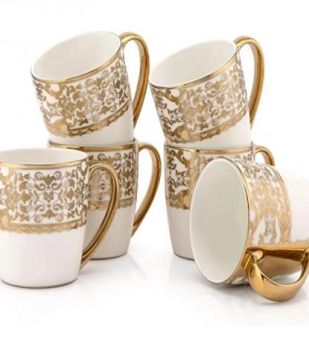Gold Printed Ceramic Tea Cups Set Of 6 Pcs - 1 Set