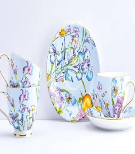 Blue Floral Design Cup and Saucer Set - 1 Set