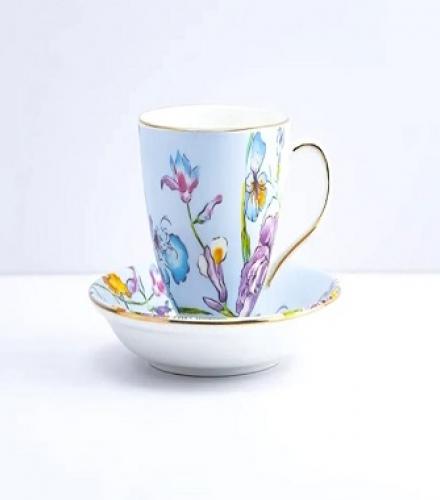 Blue Floral Design Cup and Saucer Set - 1 Set
