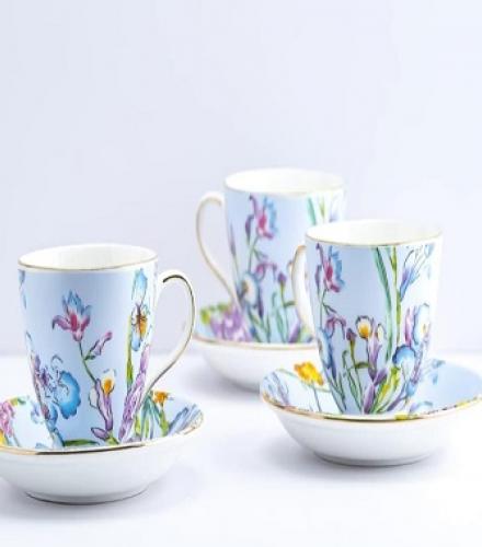 Blue Floral Design Cup and Saucer Set - 1 Set