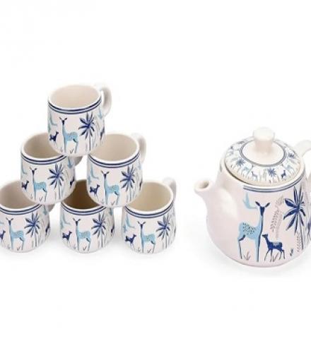 Handcrafted Ceramic Tea Cups Set With Kettle - 1 Set