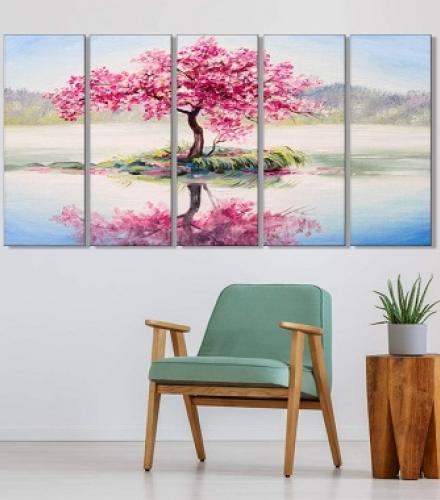 Pink Leaves Tree Painting For Wall Decoration - Set Of 5 frames - 1 Set - Price In USD