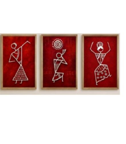 Set of 3 Red Warli Tribal Dance Framed Wall Paintings Digital Reprint 35.5 inch x 25.5 inch Painting (With Frame, Pack of 3)