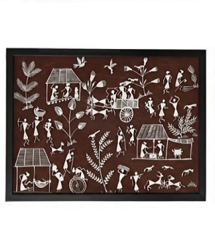Hand Painted Authentic Warli Painting by Tribal Artist | Canvas 18 inch x 12 inch Painting (With Frame)