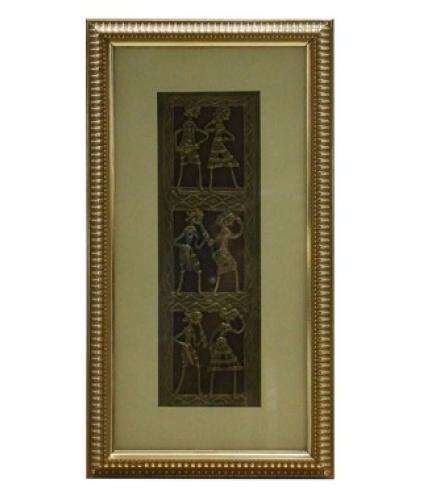 Warli Hand-Painting With Dhokra Figurines Wall Showpiece Embossed 41 inch x 3 inch Painting (With Frame)