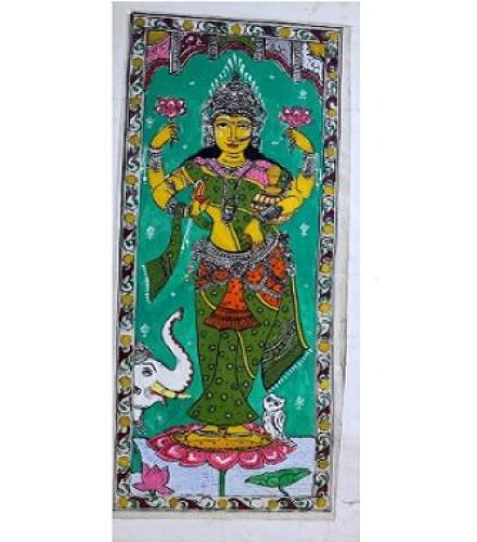 Pattachitra Maa Lakshmi Painting without frame Decorative Showpiece  -  22 cm (Paper Mache, Green, Yellow)