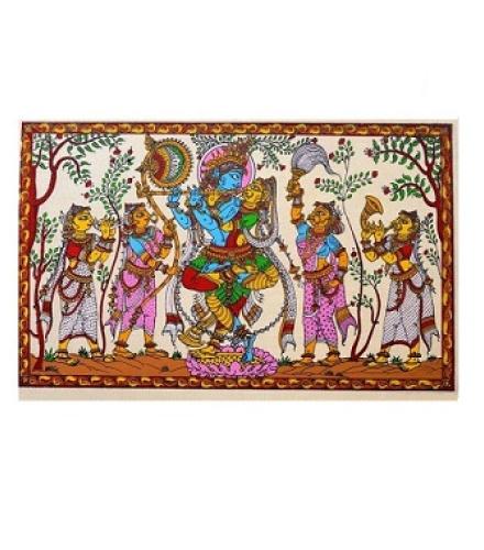 Pattachitra Radha Krishna Gopis WITHOUT FRAME Decorative Showpiece  -  22 cm (Paper Mache, Multicolor)
