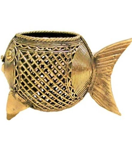Handcrafted Dhokra Metal Art Collectible Showpiece Fish Shaped Pen Stand Decorative Showpiece