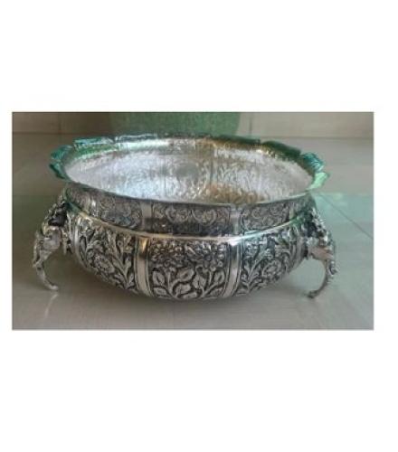 HERITAGE DECOR Handcrafted German Silver Urli with Elephant Votive Traditional Home Decorative Bowl Decorative Showpiece  -  20 cm (Metal, Silver)