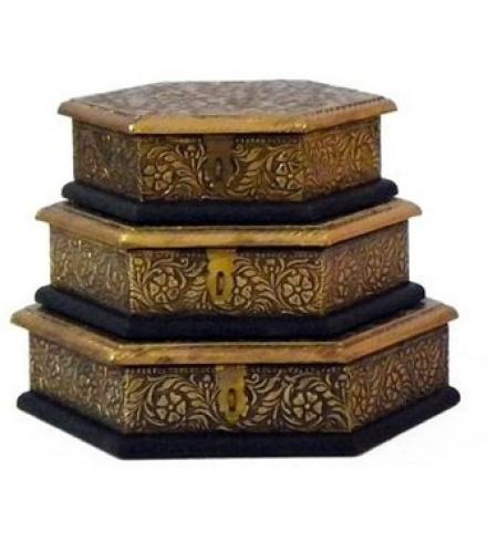 Artlivo Hex Box Set Home Decorative Showpiece  -  5 cm (Wood, Gold)