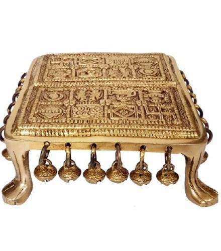  Purpledip Brass Platform Chowki with Holy Symbols Carving: Square Plinth for Statue, Idol, Vase or Artifact Home Decorative Showpiece