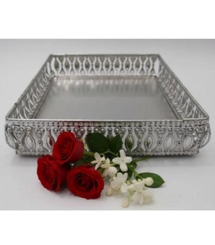 Vintage Decorative Square Metal Serving Tray Ornate Cutout Border Silver Home Decorative Showpiece
