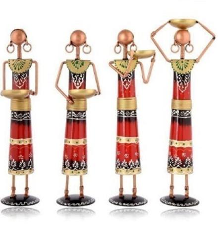 Khareed Ke Dekho Red Metal Set of 4 Rajasthani Tribal Majdoor Ladies Tea Light Holder Home Decorative Showpiece  