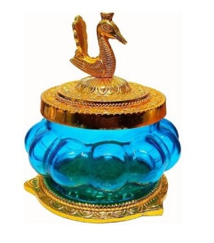  JDS PUJA ARTICLES Akshaya kubera Lakshmi Pot/with toughened Glass Blue colour Home Decorative Showpiece