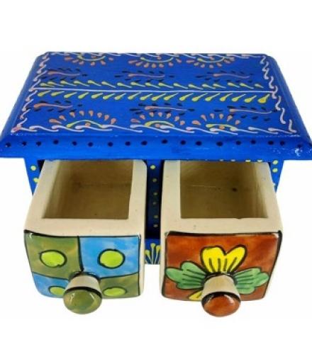 Diwam handicrafts Handmade Wooden 2 Drawer Storage Box Hand Painted Home Decorative Organizer Decorative Showpiece  -  11.5 cm