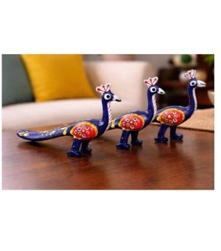 Stuthi Arts Handcrafted Blue Painted Peacock Showpiece Set for Home Décor (Set of 3) Decorative Showpiece 
