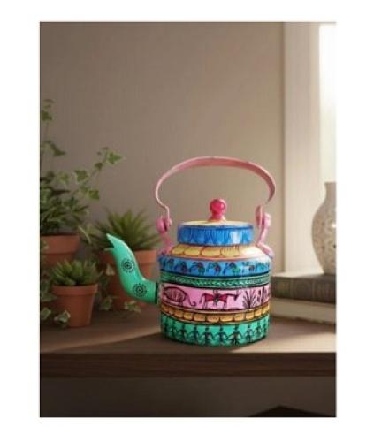 Vibrant Hand-Painted Kettle - Indian Folk Art Decor Home Decorative Showpiece 