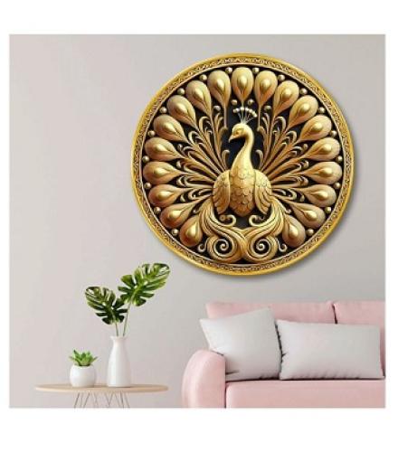 saf Golden Peacock 3D Round Wall Art for Home, Living Room & Office Decor Digital Reprint Home Decore