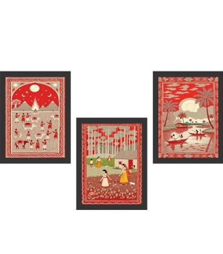 Ranovaa Traditional Canvas Painting Set of 3 Frames Warli Theme Home Decore