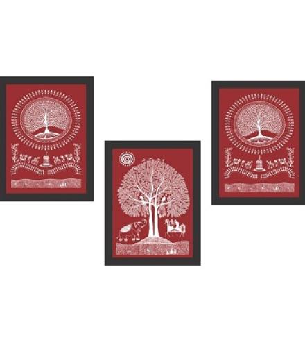 Tribal Warli Wall Art Set of 3 Frames Red White Home Decor 