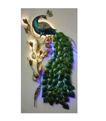  Metal Peacock Wall Home Decor Sculpture with LED (size 4 Feet) (48 inch X 24 inch, Green and Blue)