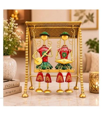 Rajasthani Musician Jula Couple Swing Home Decorative Showpiece  -  25 cm (Metal, Multicolor)