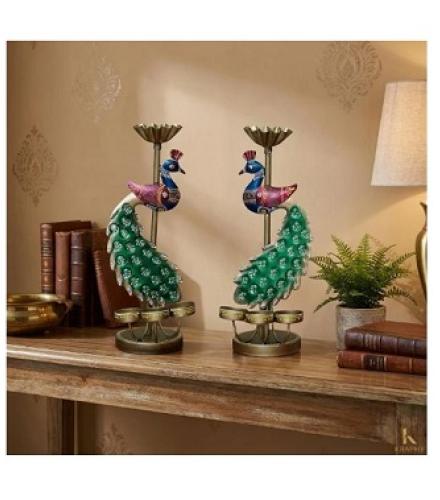  Handcrafted Metal Peacock Diya Stand / Candle Holder Set of 2 Home Decorative Showpiece 