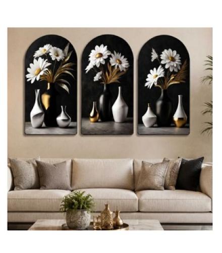 SAF PRINT Set of 3 Arched White Daisy Floral Wall Paintings Home Decore Pack of 3 