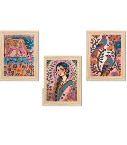 Folk Art Woman Cow Bird Wall Painting Set of 3 Frames Home Decor 