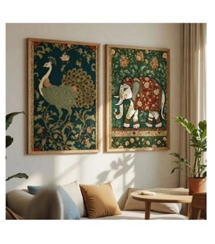 Peacock & Elephant Premium wooden color framed Digital Reprint 19.5 inch x 13.5 inch Painting Home Decore