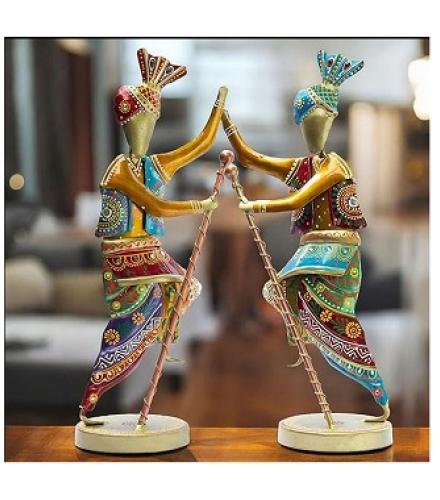 Handcrafted 14-Inch Bhangra Dancer Statues – Vibrant Punjabi Folk Dance Metal Showpiece Set for Traditional Indian Home Décor