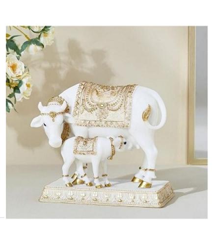 India Divine Kamdhenu: Handcrafted Dhayana Polyresin Cow and Calf Figurine for Auspicious Home Decor - Bring Prosperity, Peace & Spiritual Harmony to Your Space