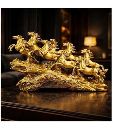 Golden 19 Inch Running 7 Victory Horses Resin Statue for Vastu and Feng Shui | Premium Home Office Living Room Decor Showpiece