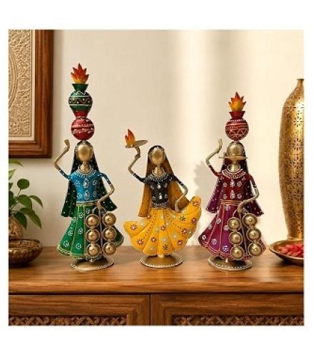 Terah Taali Dance Doll Showpiece Set of 3 for Home Decor 13 Inch Iron Metal Rajasthani Folk Dancer Figurines