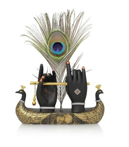 Krishna Hand Showpiece with Metal Flute and Peacock Feather for Home Decor 