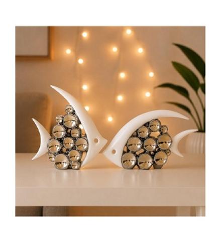 Silver Plated Bubble Fish Couple Beautiful Ceramic Home Decor