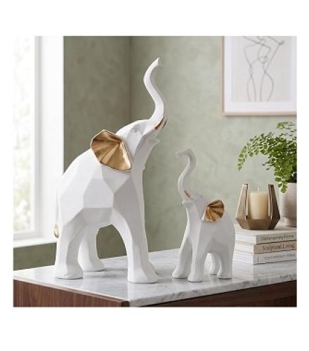 White Geometric Elephant Showpiece Set of 2 (20 cm) – Modern Resin Figurine for Home & Table Decor
