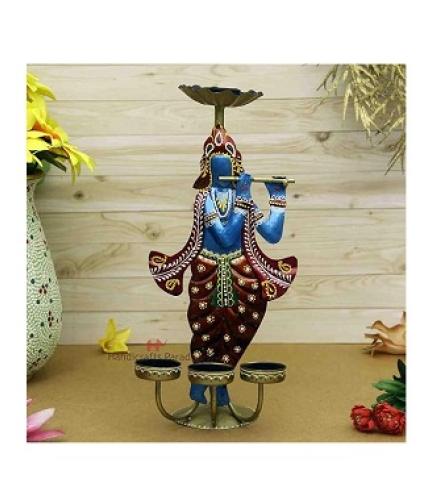 Handicrafts Paradise Iron Tealight Candle Holder Krishnaa Shaped Hand Painted Showpiece for Home Decor
