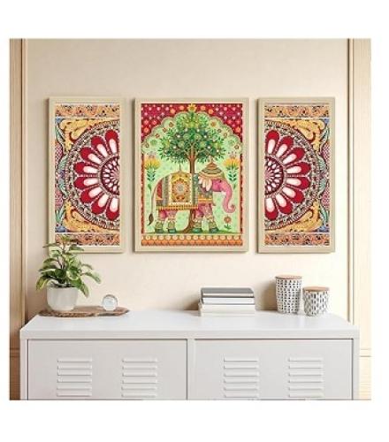 Elephant and Flowers Madhubani Framed Wall Art Painting Home Decor