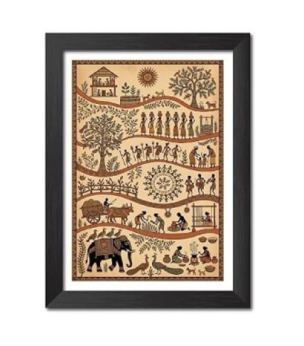 Warli Folk Art Photo Frame Painting, Traditional Indian Rural Digital Arts For Home Decor