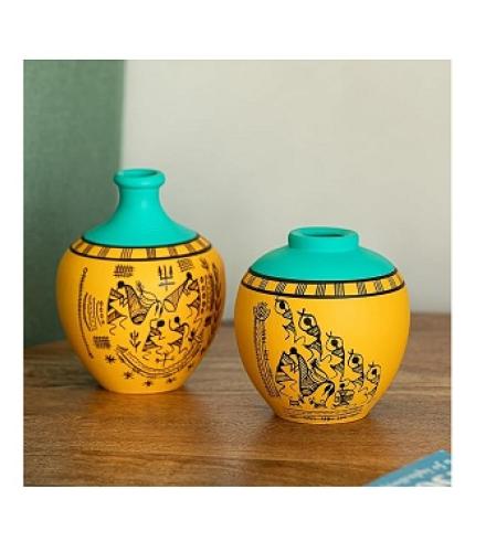 Warli Tales' Hand-Painted Terracotta Decor Flower Vase for Home Decore