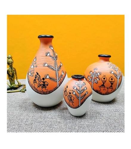 LIVES Earthenware'Warli Forests'Orange&Off White Handpainted Terracotta Oblong Flower Vases Terracotta Decorative For Home Decor 