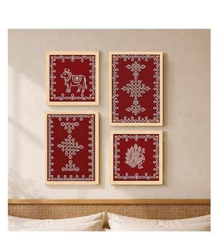 Indian Kolam Framed Wall Art Painting for Living Room | Warli Cow Peacock Poster with Frame fOR Home Decor