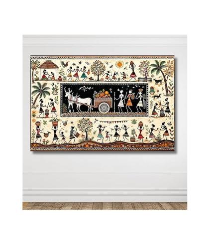 Warli Painting Colorful Tribal Dance Bull Cart Tree Sun Birds Village Scene For Home Decor