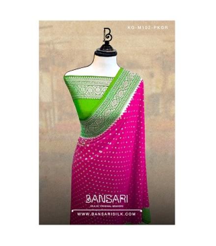 Pink And Green Pure Banarasi Khaddi Georgette Saree 